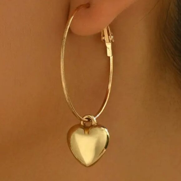 Oversized Large Statement Hoops with Heart Cutout Design Silver Electro-Plated - Picture 2 of 3